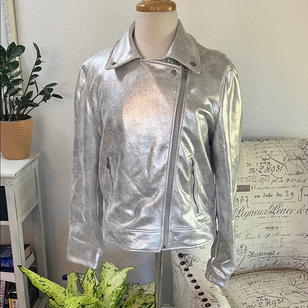 NWOT Cavalini Silver Women's Biker Jacket - Picture 2 of 9